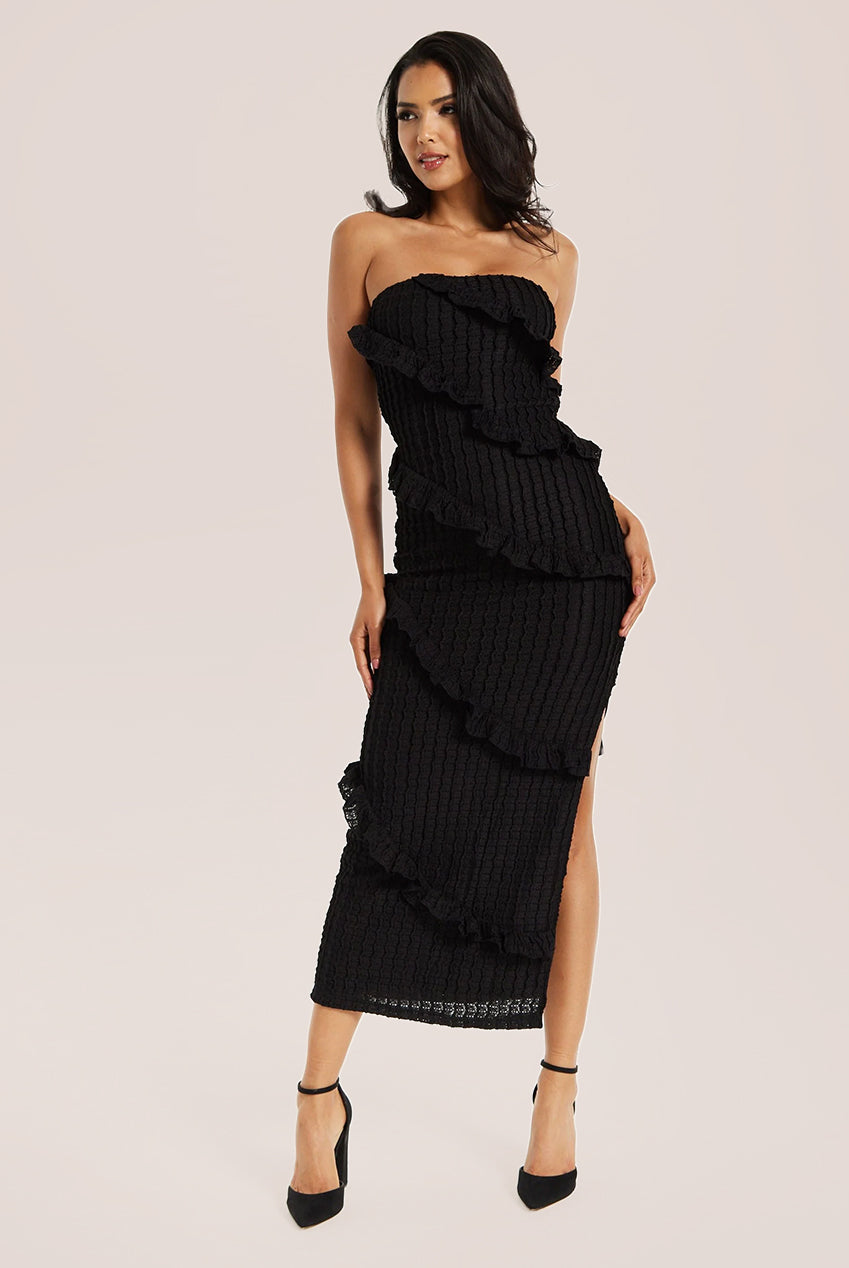 Diagonal Frilled Slit Detail Jersey Dress In Black MYL001