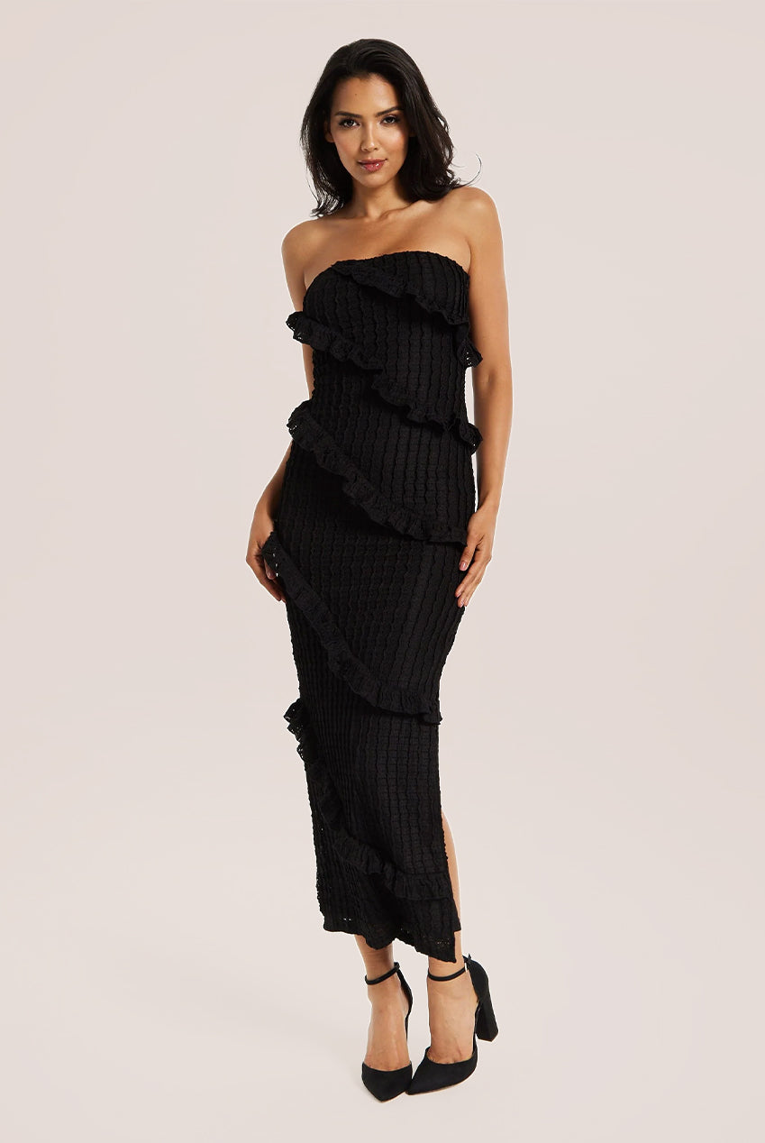 Diagonal Frilled Slit Detail Jersey Dress In Black MYL001