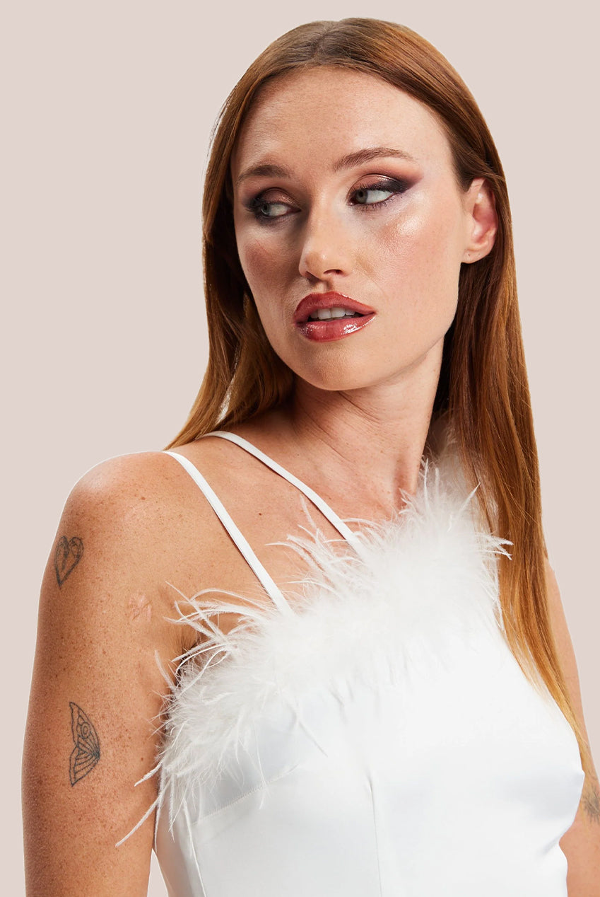 One Shoulder Feather Mini Dress In White MYL004002