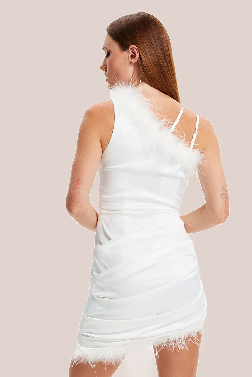 One Shoulder Feather Mini Dress In White MYL004002