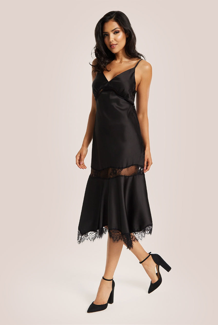 Fine Lace Detail Strip Midi Dress In Black Goddiva