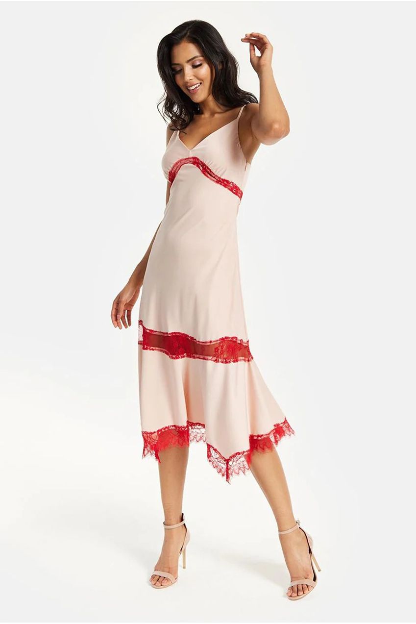 Elegant Pink Midi Dress With Lace Details MYL017