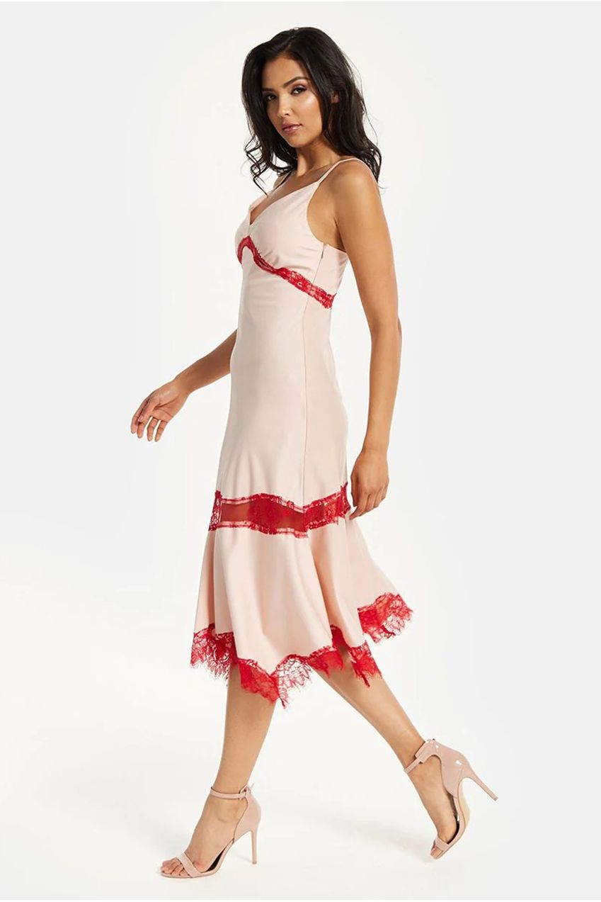 Elegant Pink Midi Dress With Lace Details MYL017