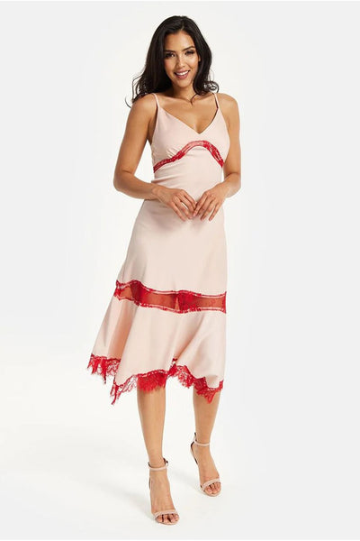 Pink - Elegant Pink Midi Dress With Lace Details by Liquorish