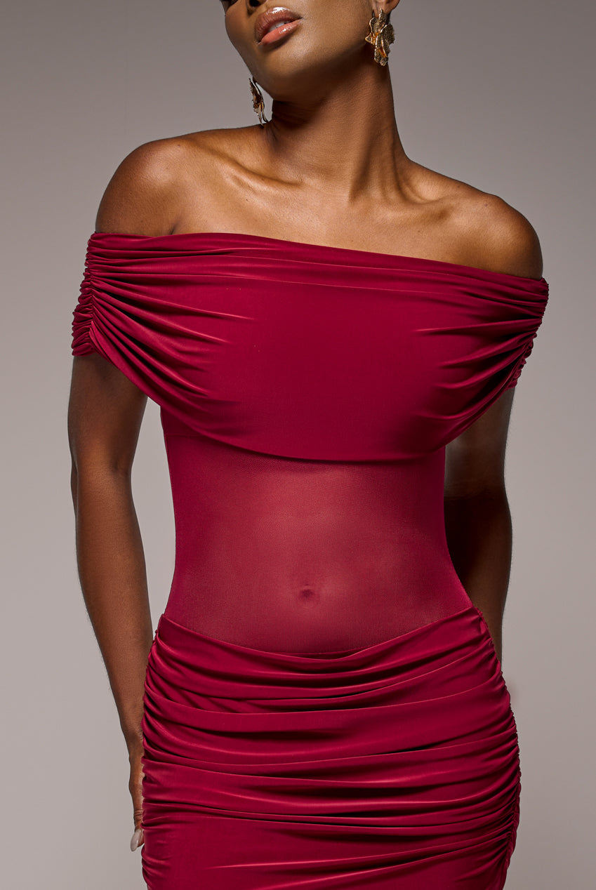 Gathered Off The Shoulder Mesh Waist Panel Maxi Dress - Wine DR4857