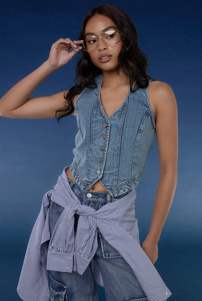 Denim Blue - Denim Fitted Waistcoat by Pink Vanilla