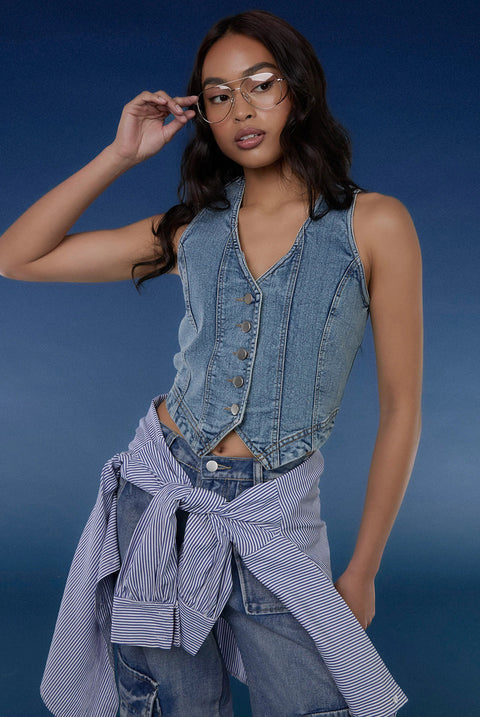 Denim Fitted Waistcoat by Pink Vanilla