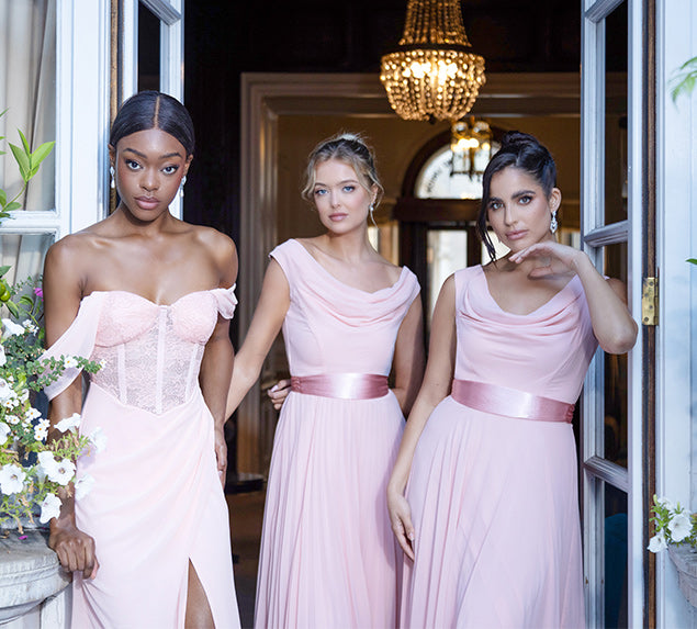 Three women elegantly posing in three different styles of pink dresses, surrounded by a breathtaking backdrop of lush, blooming flower plants. Their unique designs and graceful presence create a dreamy and romantic scene, perfect for