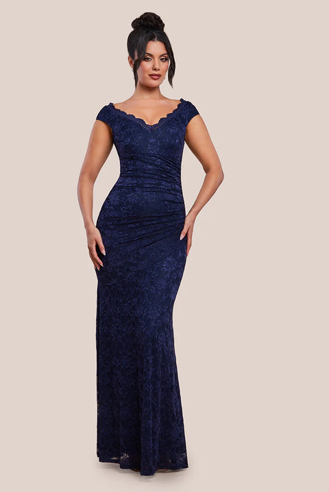 Off The Shoulder Scalloped Neck Maxi Dress - Navy Blue by Goddiva