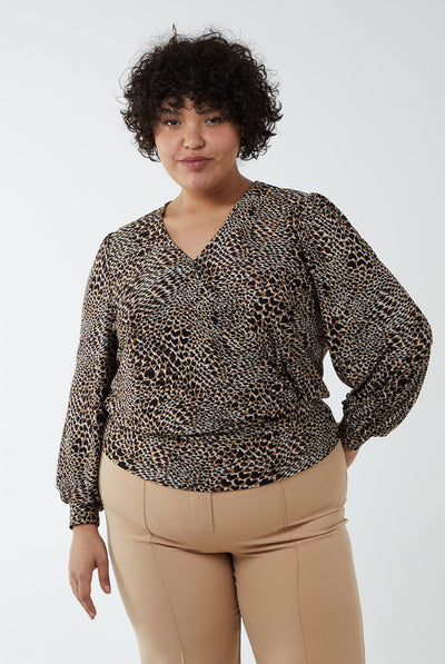 Brown - Curve Animal Printed Wrap Front Deep Hem Band Top by Blue Vanilla
