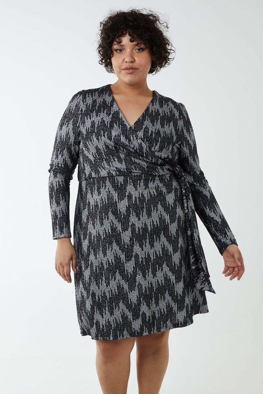 Curve Sparkly Fixed Wrap Skater Dress With Tie BC222724061