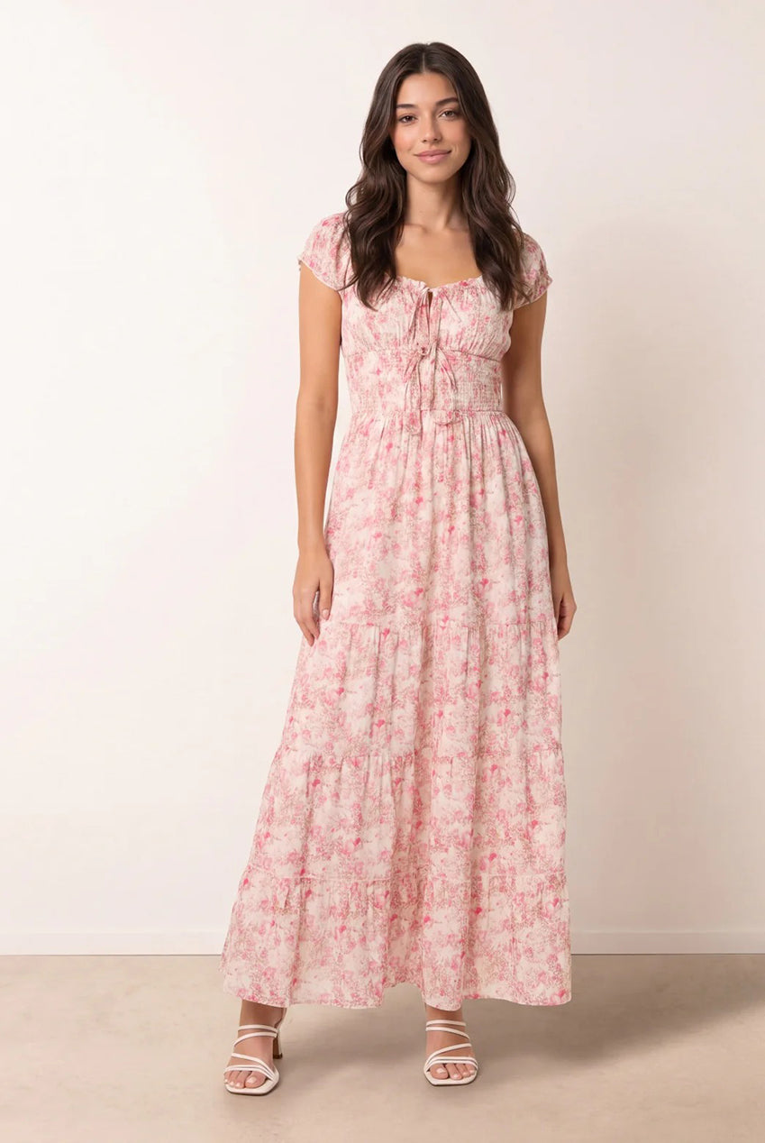 Double Front Tie Shirred Ditsy Floral Maxi Dress BV269982020
