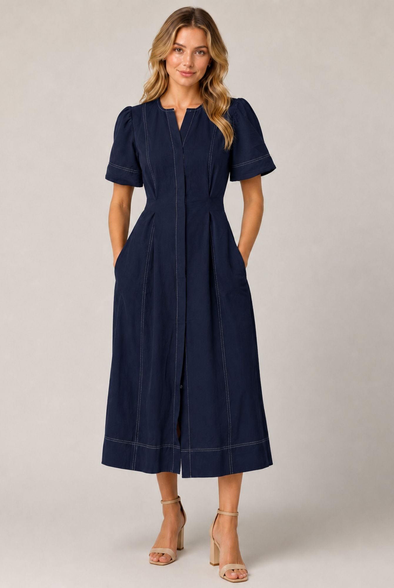Navy Blue Contrast Stitch Gathered Sleeve Midi Dress AVCH-GLD26142