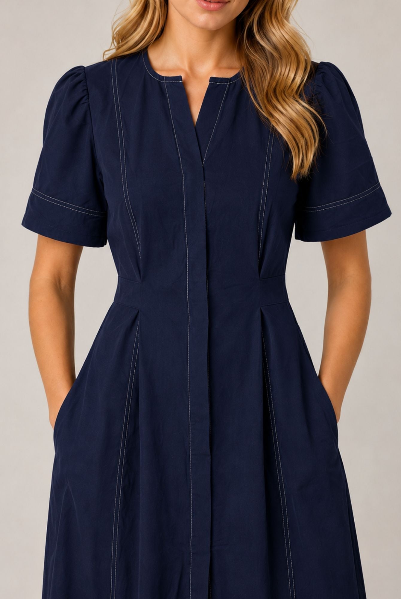 Navy Blue Contrast Stitch Gathered Sleeve Midi Dress AVCH-GLD26142