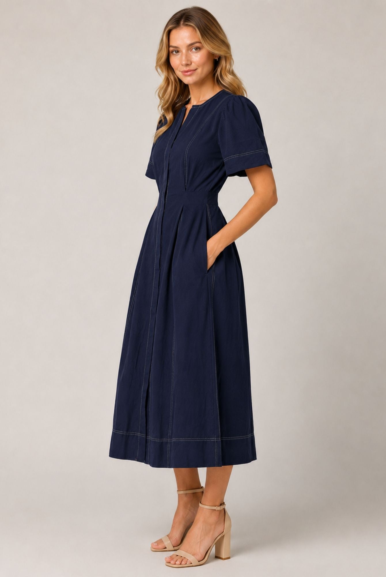 Navy Blue Contrast Stitch Gathered Sleeve Midi Dress AVCH-GLD26142