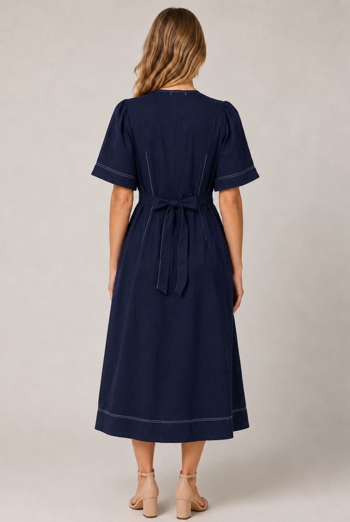 Navy Blue Contrast Stitch Gathered Sleeve Midi Dress AVCH-GLD26142