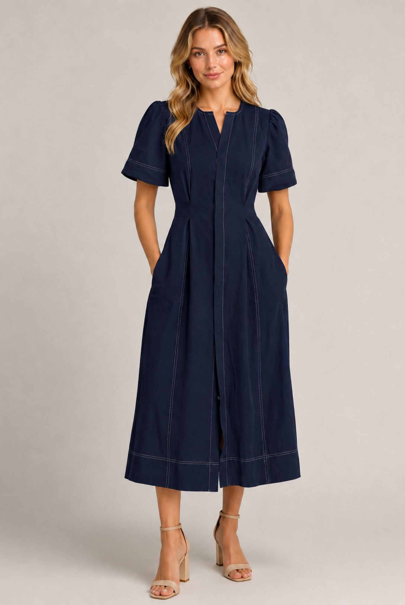 Navy Blue Contrast Stitch Gathered Sleeve Midi Dress AVCH-GLD26142