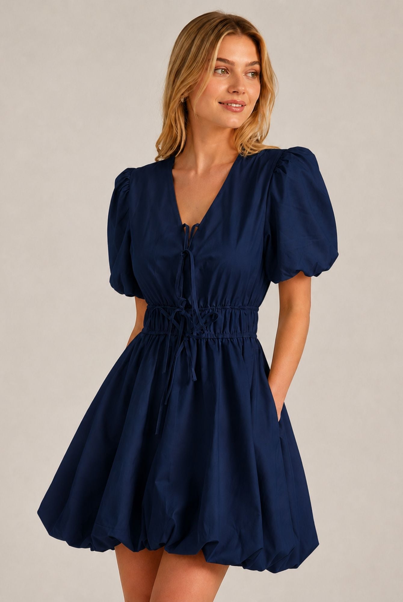 Navy Blue Puff Sleeve Tie Front Ruched Waist Mini Dress AVCH-GLD26147