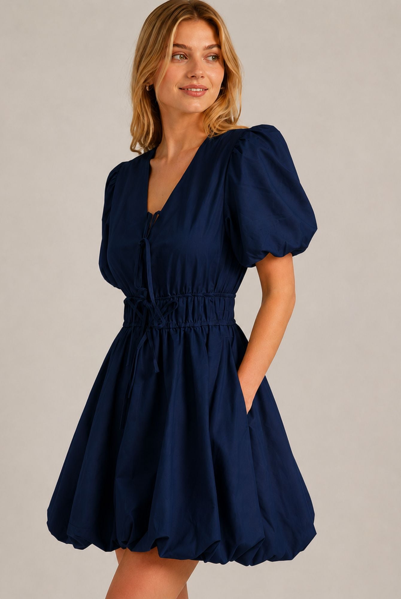 Navy Blue Puff Sleeve Tie Front Ruched Waist Mini Dress AVCH-GLD26147