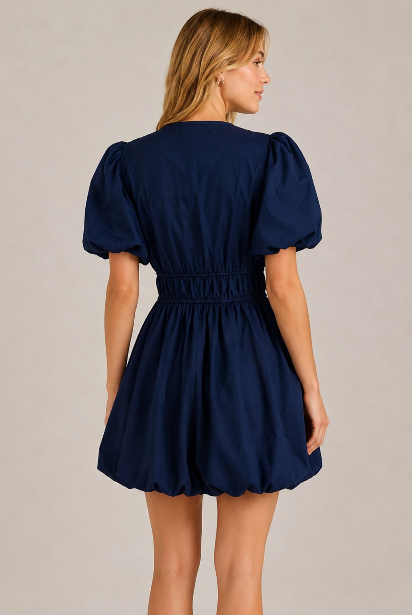 Navy Blue Puff Sleeve Tie Front Ruched Waist Mini Dress AVCH-GLD26147