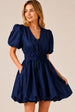 Navy Blue Puff Sleeve Tie Front Ruched Waist Mini Dress by Avinci