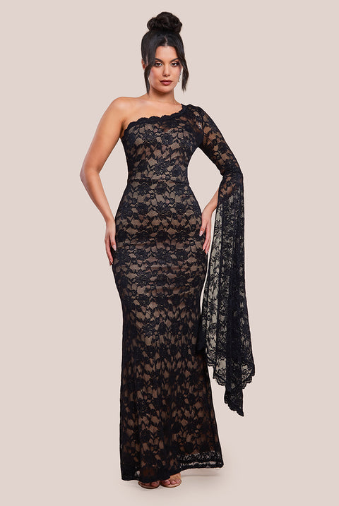 One Shoulder Scalloped Neck Maxi Dress - Black by Goddiva