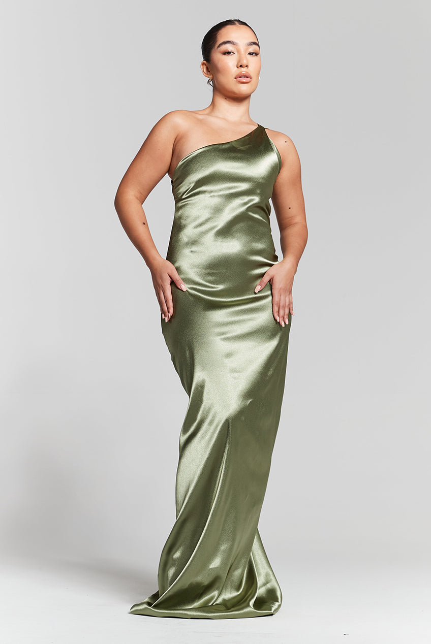 Olive Green One Shoulder Silky Maxi Dress INF20277