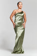 Olive Green One Shoulder Silky Maxi Dress by InFlair