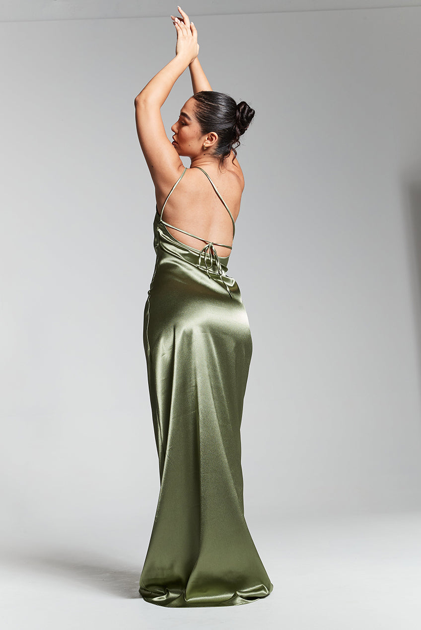 Olive Green One Shoulder Silky Maxi Dress INF20277
