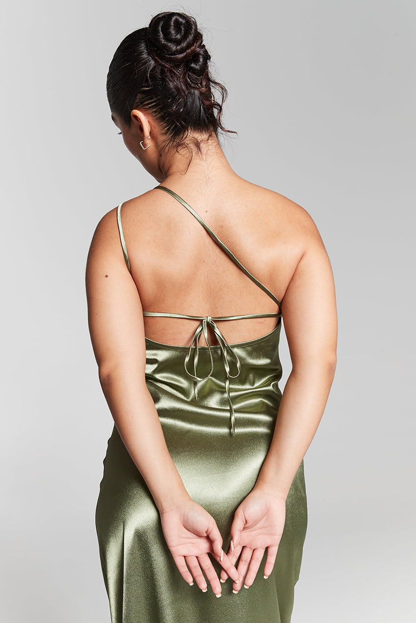 Olive Green One Shoulder Silky Maxi Dress INF20277