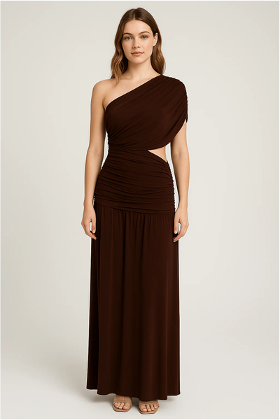 Chocolate - Brown One Shoulder Draping Detailed Side Cut Out Maxi Dress by Avinci