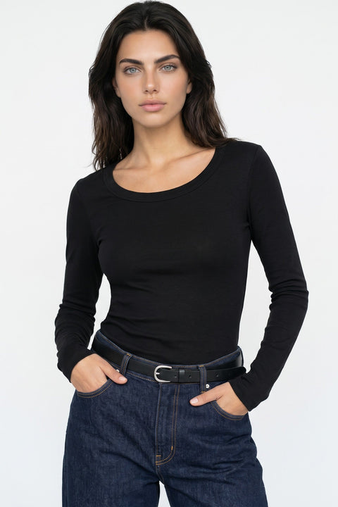 Black Cotton Long Sleeve Scoop Neck Top by Aftershock London