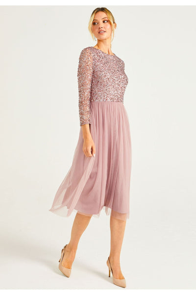 Lavender - Embellished Sequin Long Sleeve Midi Dress In Lavender by Angeleye
