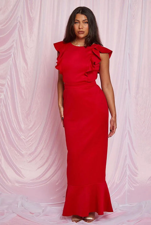 Ruffle Sleeve Cut Out Back Maxi Dress In Red by Chi Chi London