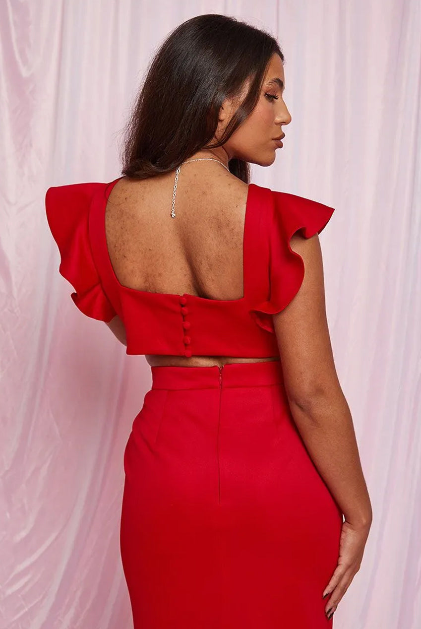 Ruffle Sleeve Cut Out Back Maxi Dress In Red PA2004MRE
