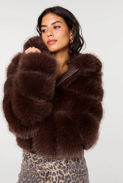 Chocolate - Hooded Pelted Fur Jacket by Pink Vanilla