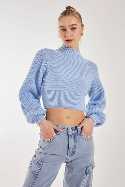 Blue - High Neck Knitted Jumper by Pink Vanilla