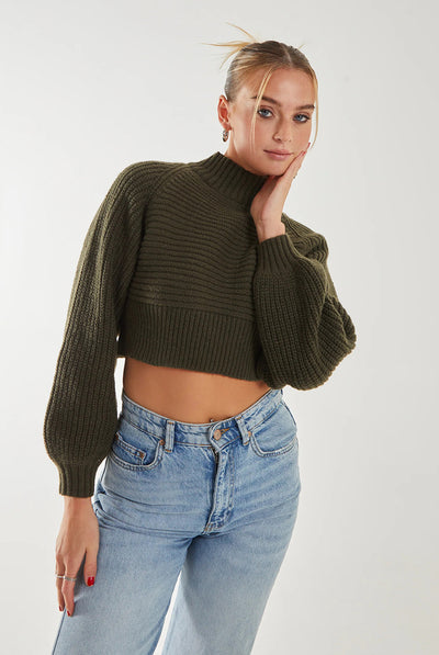 Khaki - High Neck Knitted Jumper by Pink Vanilla