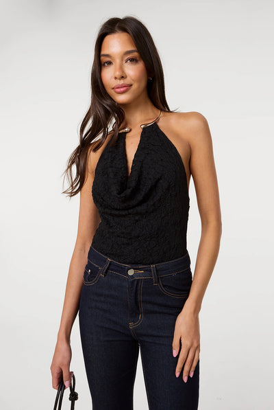 Black - Lace Bodysuit With Halter Gold Trim by Pink Vanilla