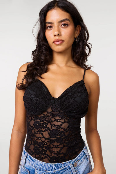 Black - Floral Lace Detail Bodysuit by Pink Vanilla
