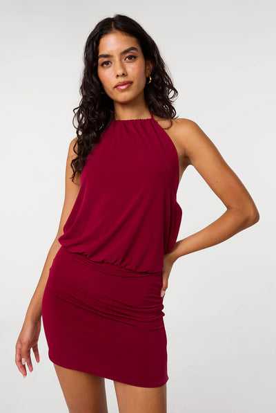 Wine - Jersey Waist Halterneck Dress by Pink Vanilla