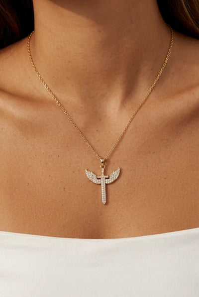 Gold - Pave Winged Cross Necklace by MUCHV