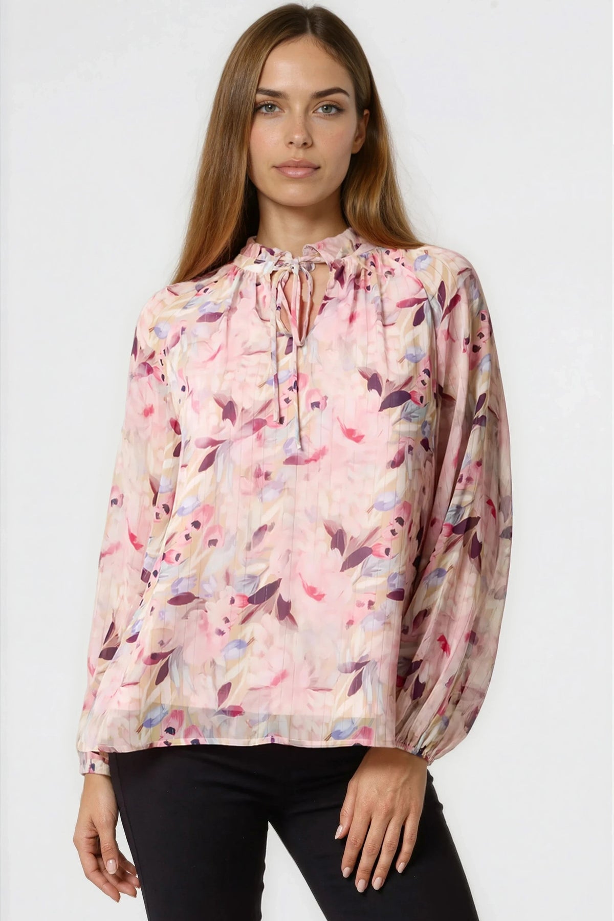 Pink Floral Print Tie Neck Blouse ALNL269404020