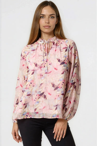 Pink - Pink Floral Print Tie Neck Blouse by Aftershock London