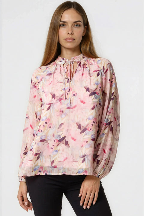Pink Floral Print Tie Neck Blouse by Aftershock London
