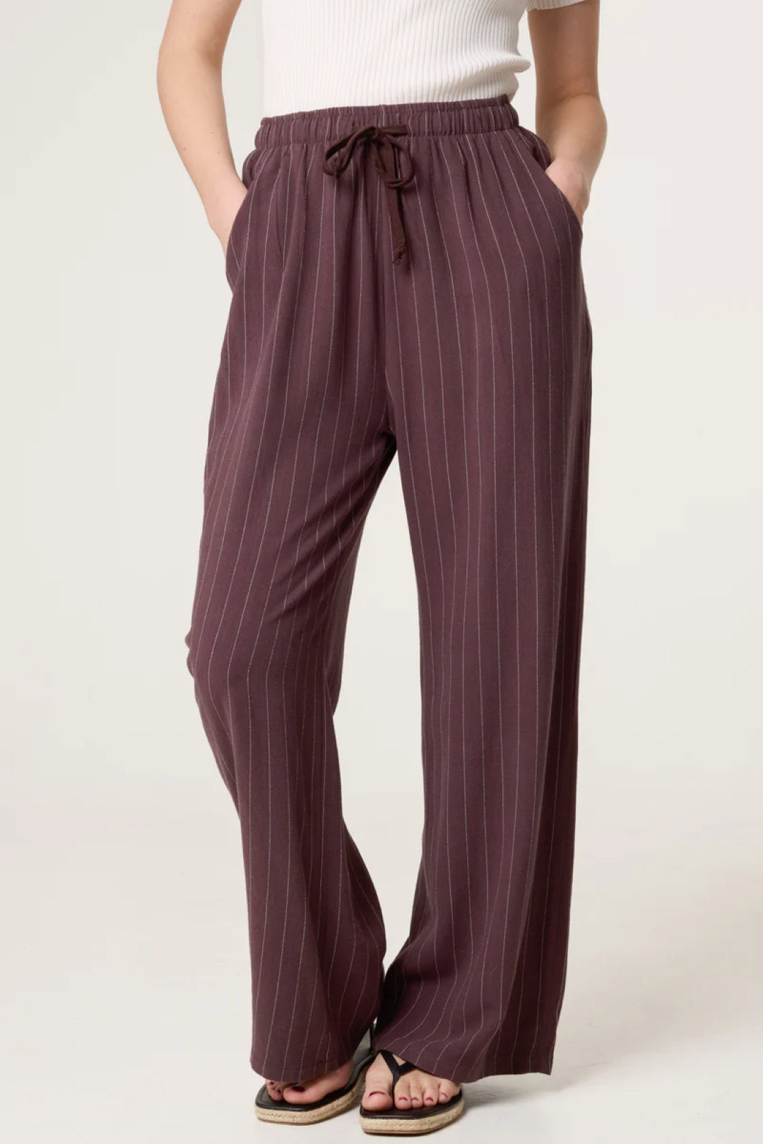 Brown Linen Blend Pin Striped Wide Leg Trousers ALQ3602030
