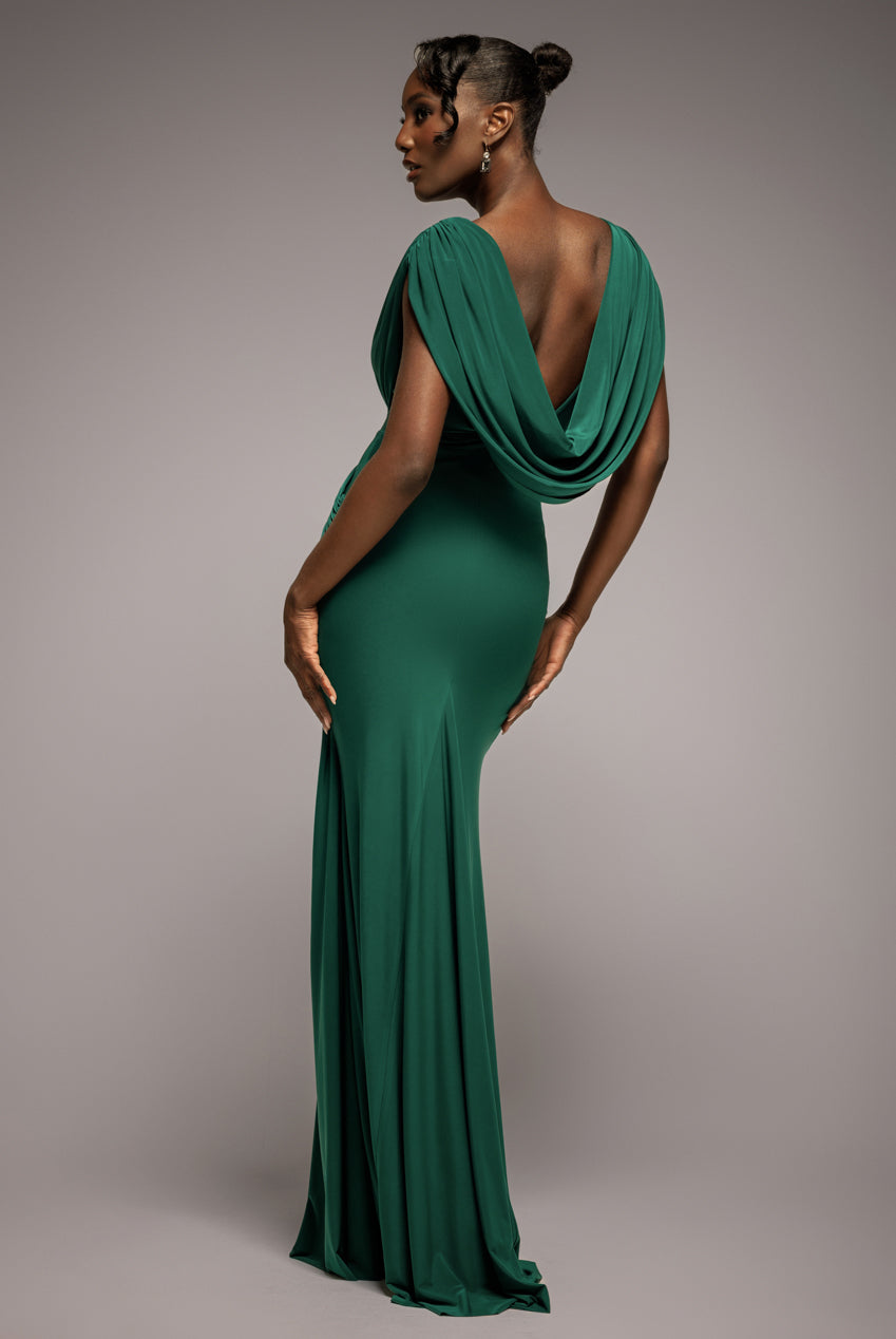 Cowl Plunge Draped Mermaid Maxi Dress - Emerald Green DR4879
