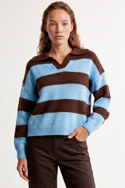 Blue - Blue Brown Stripe Collared Knit Jumper by Aftershock London