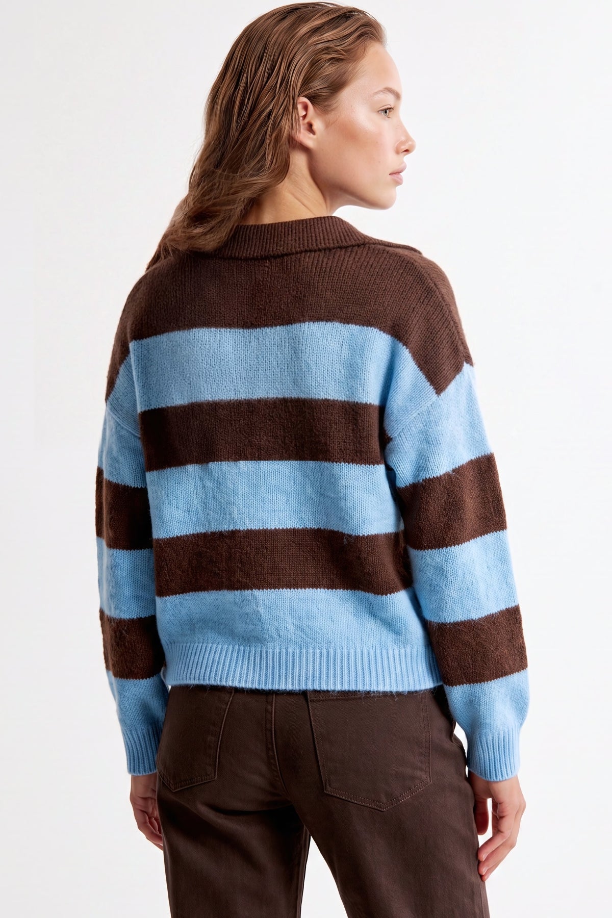 Blue Brown Stripe Collared Knit Jumper ALWF5812NV459