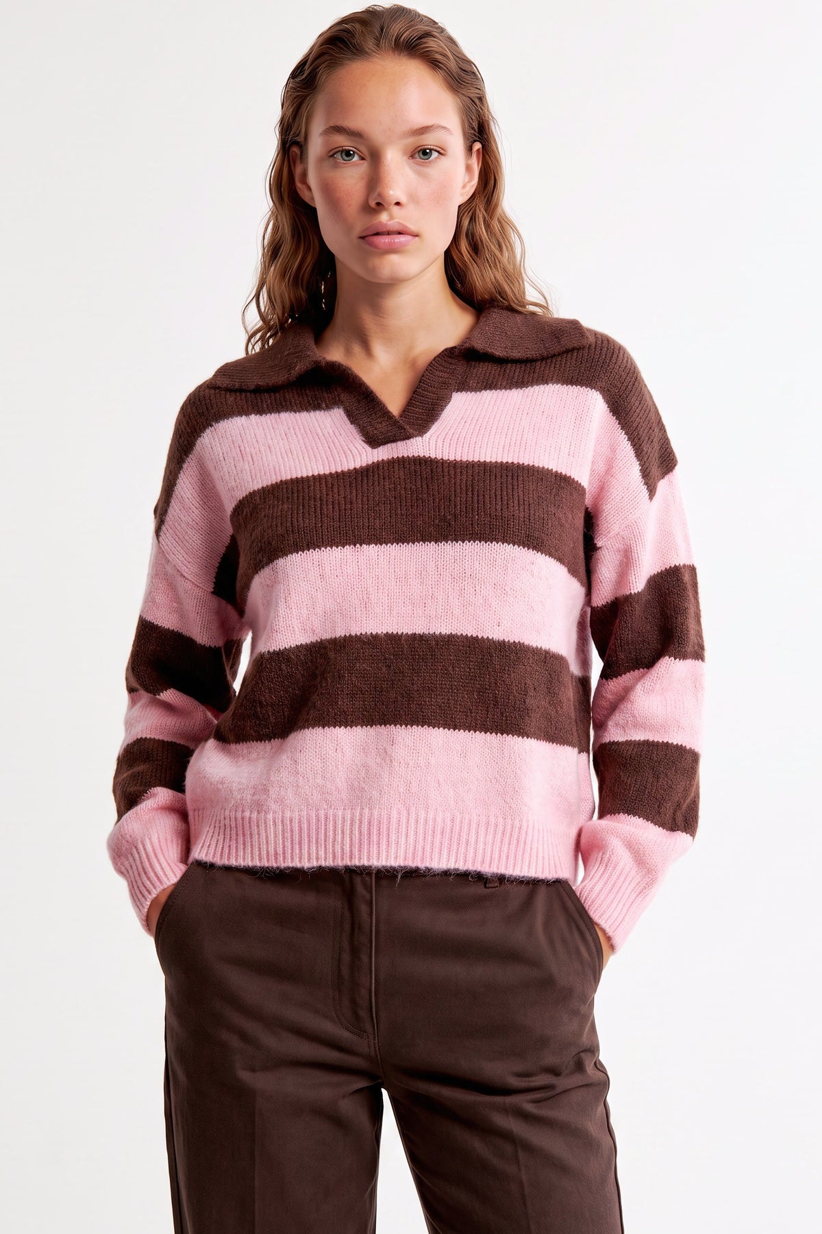 Pink Brown Stripe Collared Knit Jumper ALWF5812NV457